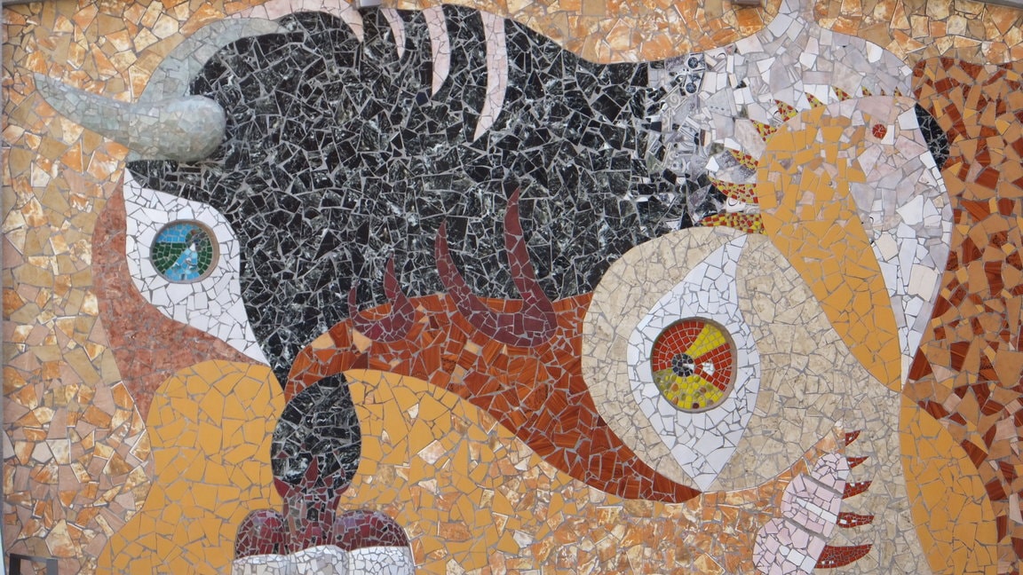 Katarma mosaic bull mural detail