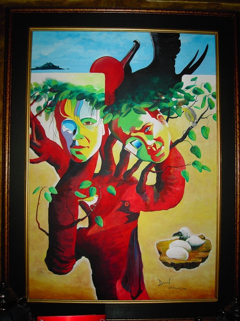 Framed surrealist painting with two faces, frigatebird and nest