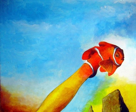 Painting of clownfish held aloft against blue sky