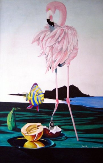 Painting of pink flamingo with tropical fish and fruit