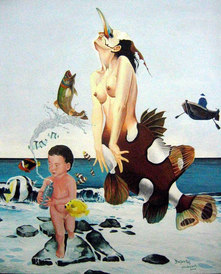 Surrealist painting of mermaid figure with child and tropical fish on Galápagos shore